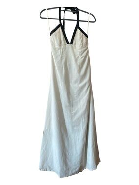 Japna Linen Blend Halter Maxi Dress S Cream Black Trim Open Back Summer